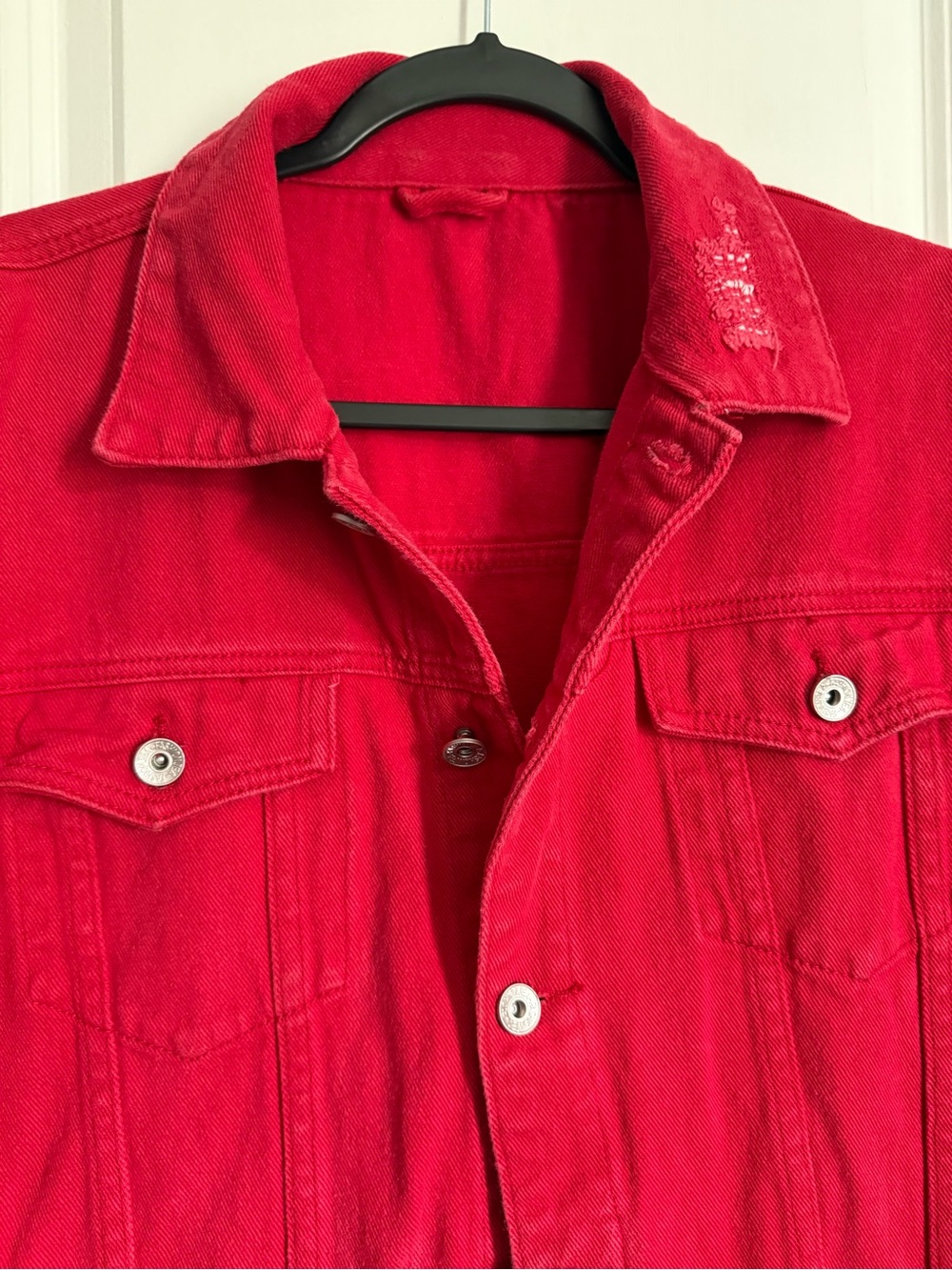Red Distressed Denim Jacket - Women - Picture 4 of 7